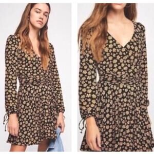 Free People Floral Pradera Faux Wrap Black Copper Mini Dress Medium Boho Cottage